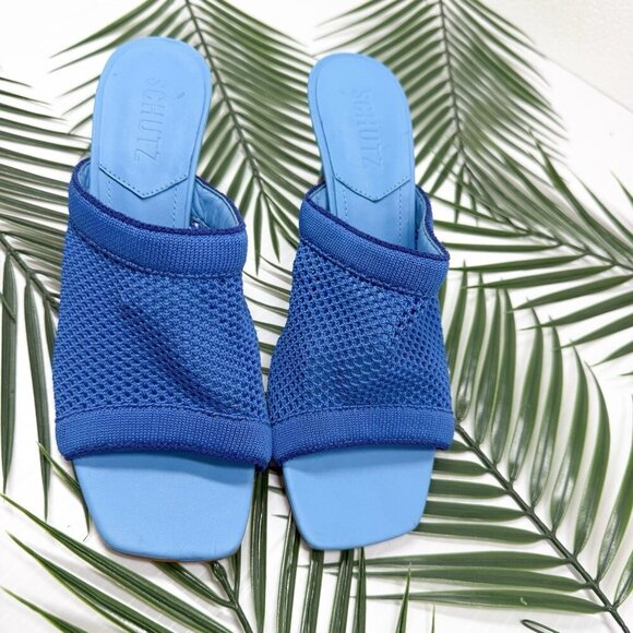 Schutz Blue Mesh Sinara Knit Heel Sandals 7B Square Toe Slip-On Summer Shoes - Picture 2 of 11